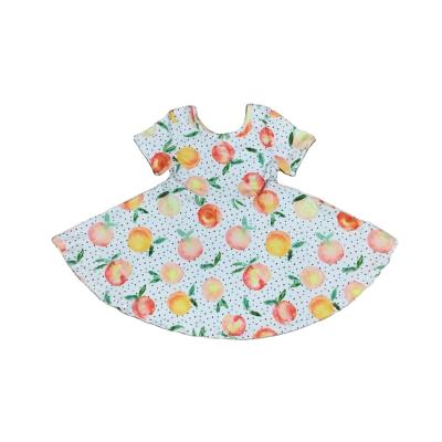 China 2021 new girlymax summer baby kids washable clothes milk peach silk print polka dots knee length pirouette short sleeve dress for sale