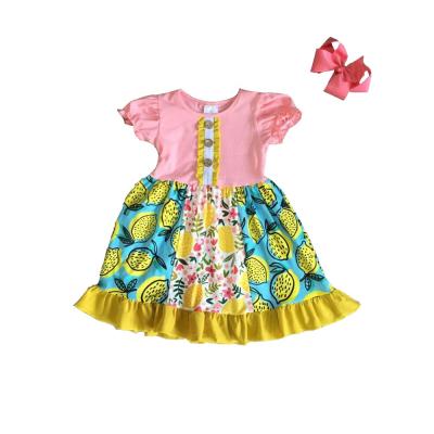 China Baby Kids Clothes Washable Lemon Yellow Pink Summer Cotton Cactus Ruffle Knee Length Floral Dress for sale