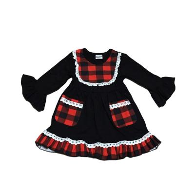 China Washable Plaid Pockets FALL/winter Babies Kids Clothes Cotton Lace Ruffles Patchwork Red Black Knee Length Dress for sale