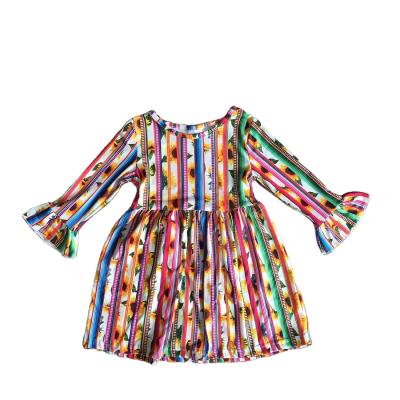 China Washable Kids Girls Clothes Kids Fall Dress Girls Multicolor Stripe Sunflower Dress With Bow for sale