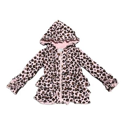 China Waterable Girlymax Autumn/Winter Babies Kids Clothes Cotton Pink Leopard Ruffles Long Sleeve Top Jacket for sale