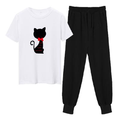 China Korean silhouette soft black cat lovers short sleeve T-shirt female chic loose pants print student suit for sale