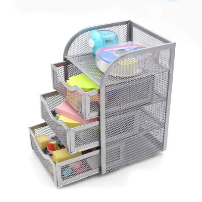 China 3-Layer Metal Desktop Cosmetic Organizer Mesh Metal Desktop Storage Basket Storage Box With Drawer for sale