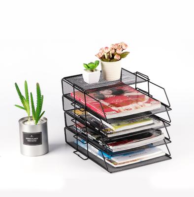 China Stackable Desktop Storage Folder Rack Assemble Document Holder Bevel Metal Mesh File Storage Basket for sale