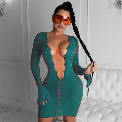 China Breathable Plus Size Sexy Bandage Dress Ladies Summer Wear Slim V-Neck Sleeve Flare Dress With Overalls for sale