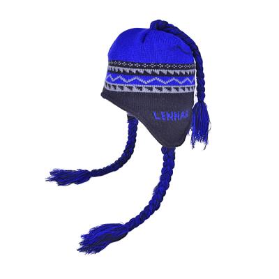 China Custom Team Jacquard Pattern Knitted Braids JOINT Tassel Ear Flaps Warm Winter Hat Ear Cover Cap for sale