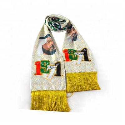 China Promotion 2021 Polyester Print Scarf Football Team Scarf UAE Gold Digital Fringe Scarf for sale