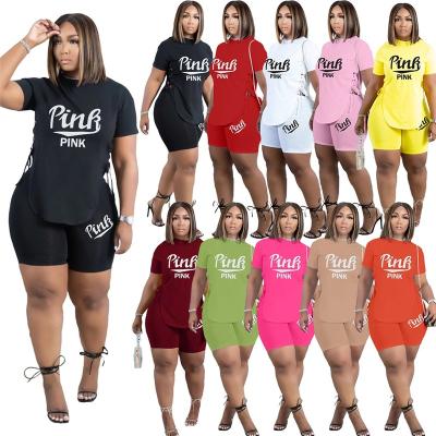 China 2022 Viable New Trendy Side Split Lace Up T Shirt 2 Piece Set Women Shorts Summer Pink Letter Printing Casual 4Xl Plus Size 2 Piece Set for sale