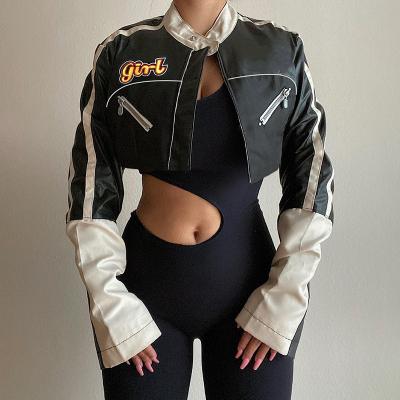 China Anti-wrinkle 2022 new fashion PU leather coated motorcycle jacket zipper crop for women short patchwork leather jacket for sale