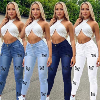 China 2022 New Arrivals Women's Pants Anti-Wrinkle Shape Skinny Light Blue Butterfly Ripped Distressed Women Denim Pants Jeans for sale