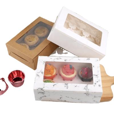 China Recyclable Custom Marble Packaging Cake Boxes Kraft Paper Roll Cake Box With Window 2/4/6 Holes White Cupcake Box Cardboard for sale