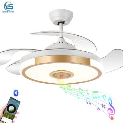 China 110V 220V Folding Fan Cheap Ceiling Fan Bluetooth Speaker Fan With Led Light And Speaker Te koop