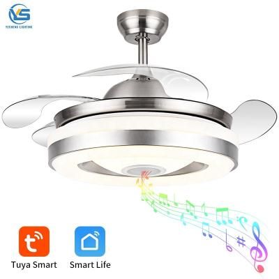 중국 110V 220V 42inch Retractable Blade Ceiling Fan Bluetooth Speaker Fan With Light With Speaker Tuya Alexa Google Control 판매용