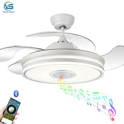 중국 Ceiling fan with LED light 36W 110v DC motor Nickel with Speaker 3 color with memory retractable blades 6 speeds remote control 판매용