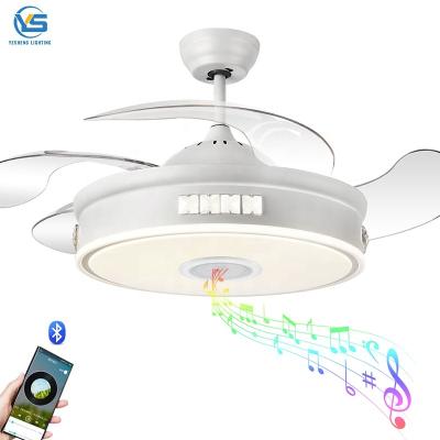 中国 Ceiling fan with LED light 36W 110v DC motor Nickel with Speaker 3 color with memory retractable blades 6 speeds remote control 販売のため