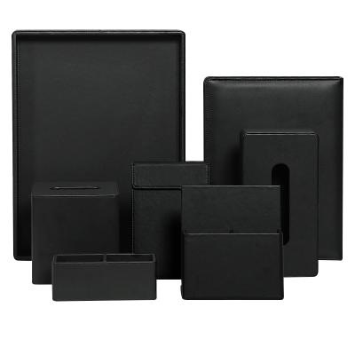 China 5 Star Hotel Customize Design Logo 7-Piece Full Set Black Leather Desk Accessory Organizer Leather Guest Room Amenities Set For 5 Star Hotel for sale