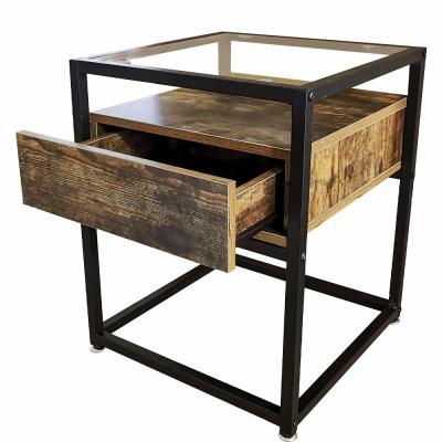 China ZJH Durable Industrial Luxury Vintage Antique Iron Metal Bedside Steel Nightstand With Wooden Top And Drawers for sale