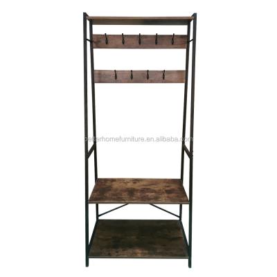 China Multifunctional ZJH Hall Entrance Industrial Style Wood Hanger Rack Metal Wooden Coat Rack With Shoe Bench for sale