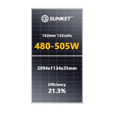 China Solar Panel System Sunket 480W-505W 182mm 132 Half Cell Batter Mechanical Loading Tolerance Solar Panel For Home Use for sale