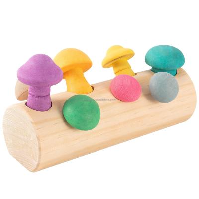 China Folk Art 9 Pack Colorful Wooden Mushroom Picking Toys Rainbow Simulation Mushroom Blocks in 8 Sizes with Wooden Cylinder Base for sale