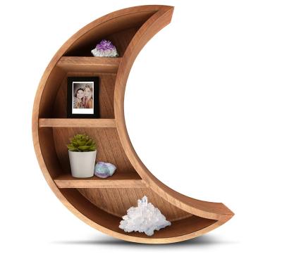 China Unique Crystal Display Shelf Rustic Boho Art Folk Decor Wooden Crescent Moon Wall Shelves for sale