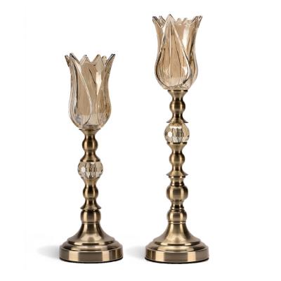 China Modern Tall Flower Shape Glass And Metal Pillar Candle Holder for sale