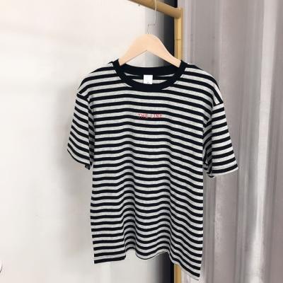 China Wholesale Designer Anti-wrinkle Striped Men's Striped Oversize Unisex Women's 100% Striped Crewneck Casual COTTON T-Shirt for sale