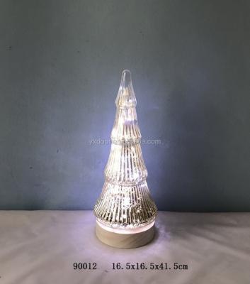 China Europe Christmas tree glass craft, glass cover decoration with LED light, 17x17x42cm, wooden base, decoration gift art glass souvenir, for sale