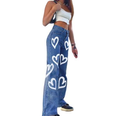 China 2021 new breathable spring ladies fashion high waist printed jeans graffiti casual jeans for women pants for sale