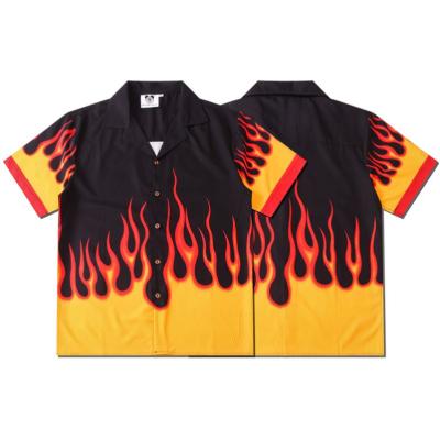 China Fashion brand anti-pilling short sleeve shirt with loose lapel and flame print for European and American couples in spring and summer for sale