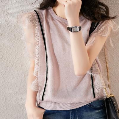 China 2021 New QUICK DRY Upper Women's Summer Style Loose Short Sleeve T-shirt Foreign Silk Sweater Lace Ice Sleeveless Top for sale