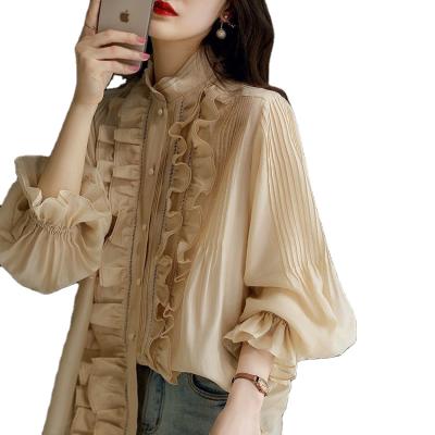 China Minority edge design sense soft women's loose edge fashion shirt French style shirt QUICK DRY HS008 stand lantern fungus sleeve collar for sale