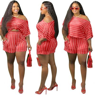 China 2021 QUICK DRY Top Shorts Striped Tracksuit Plus Size Women Summer Clothing Sets for sale