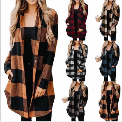 China 2021 new anti-pilling lapel European and American women's shirt plaid middle and long sleeve women's coat plaid shirt for sale