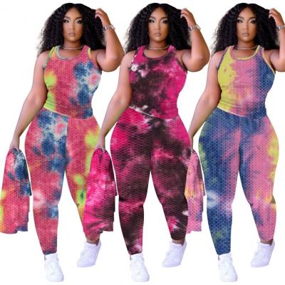 China New Arrivals Breathable Tie Dye Womens Overalls Lounge Sleeveless Vest And Gaiters 2 Piece Sportswear Yoga Set for sale