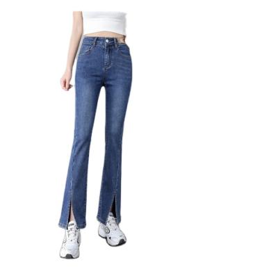 China QUICK-DRY high waist split spring and autumn slightly 2021 new autumn jeans women's spring horn thin micro wide floor shifting pants and leg pants for sale