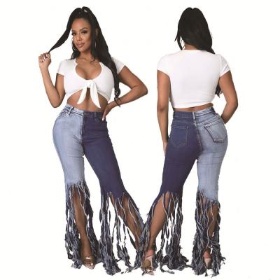 China HSF-2511 Women's Fashion 2021 Breathable Custom Stitching Hole Pants Ladies Fringed Slim Flare Jeans for sale