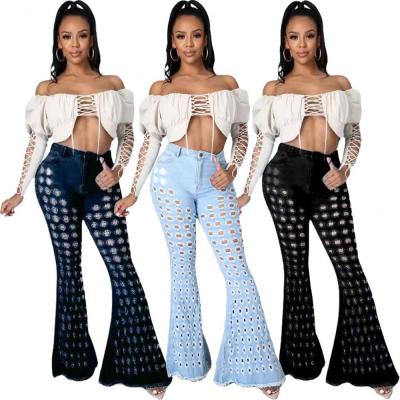 China Latest Design Seller Rocket Jeans Women's Breathable Hollow Out Bell Bottom Pants Club Wear Women's Pants Long Trousers for sale