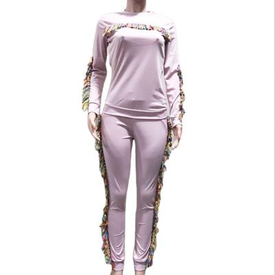 China Shipping D8226 breathable ready to ship fashion and leisure color tassel suit wholesale splice two-piece suit seven-along for sale