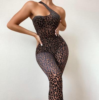 China Fall Fashion Mesh Leopard Print One Shoulder QUICK DRY Overalls Hollow Out Bodycon Backless Overalls for sale