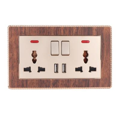 China Fashion simplicity double 2gang13Amultiple three-hole double 2gang13Amultiple three-hole socketwith neon+ 2 USB gold grain wall power switch wood socket for sale