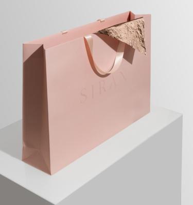 China Chinese Wholesales Reused Materials Packaging Manufacturer Pink Gray Luxury Paper Shopping Bags With Your Logo Custom Gift Bags Ribbon Handle for sale