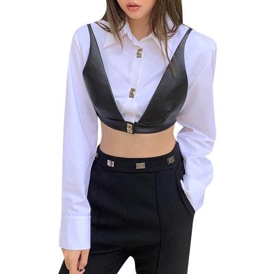 China 2022 Korean Chic Fashion Female Colorblock Blouses Patchwork Pu Patchwork Shorts Breathable Shirts Women Korean Fashion Clothes for sale