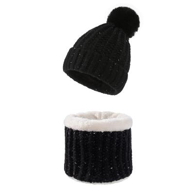 China COMMON Winter Beanie Hat Scarf Set Warm Knit Thick Fleece Striped Winter Hat Neck Warmer For Women for sale