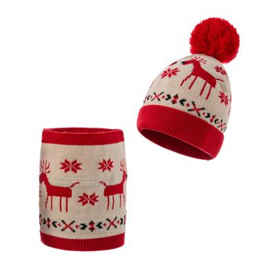 China COMMON Christmas Knitted Baby Hat Scarf Set Winter Boys Girls Warm Beanie Toddler Kids Hat With Pompom for sale