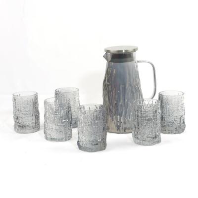 China Home Drinkware Glass Stocked Modern Hot Selling Modern Transparent Water Jug Set 6pcs Cups and 1pc Kettle for sale