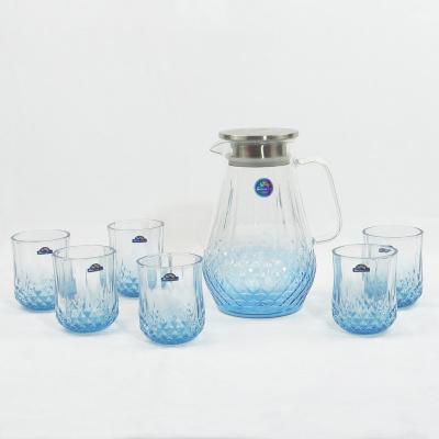 China Home Drinkware Glass Stocked Modern Hot Selling Modern Transparent Water Jug Set 6pcs Cups and 1pc Kettle for sale