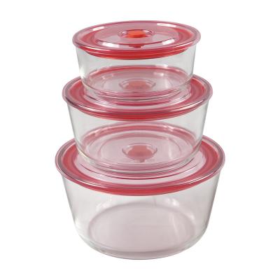 China Sustainable Wholesale Glass Fresh Bowl Set Round Fruit Salad Glass Food Containers Serving Bowl With Plastic Lid for sale