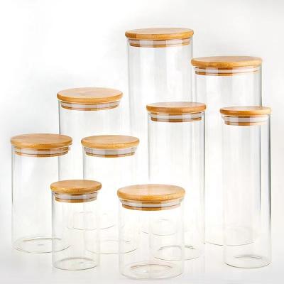 China Kitchen Storage Eco - Friendly Borosilicate Food Stored Airtight Glass Jars With Bamboo Wood Lids for sale