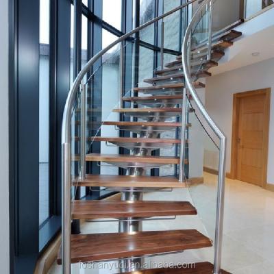 China Modern Indoor Mono Wooden Steel Beam Tread Curved Stairs With Riser Foshan Factory Open Spiral Staircase for sale